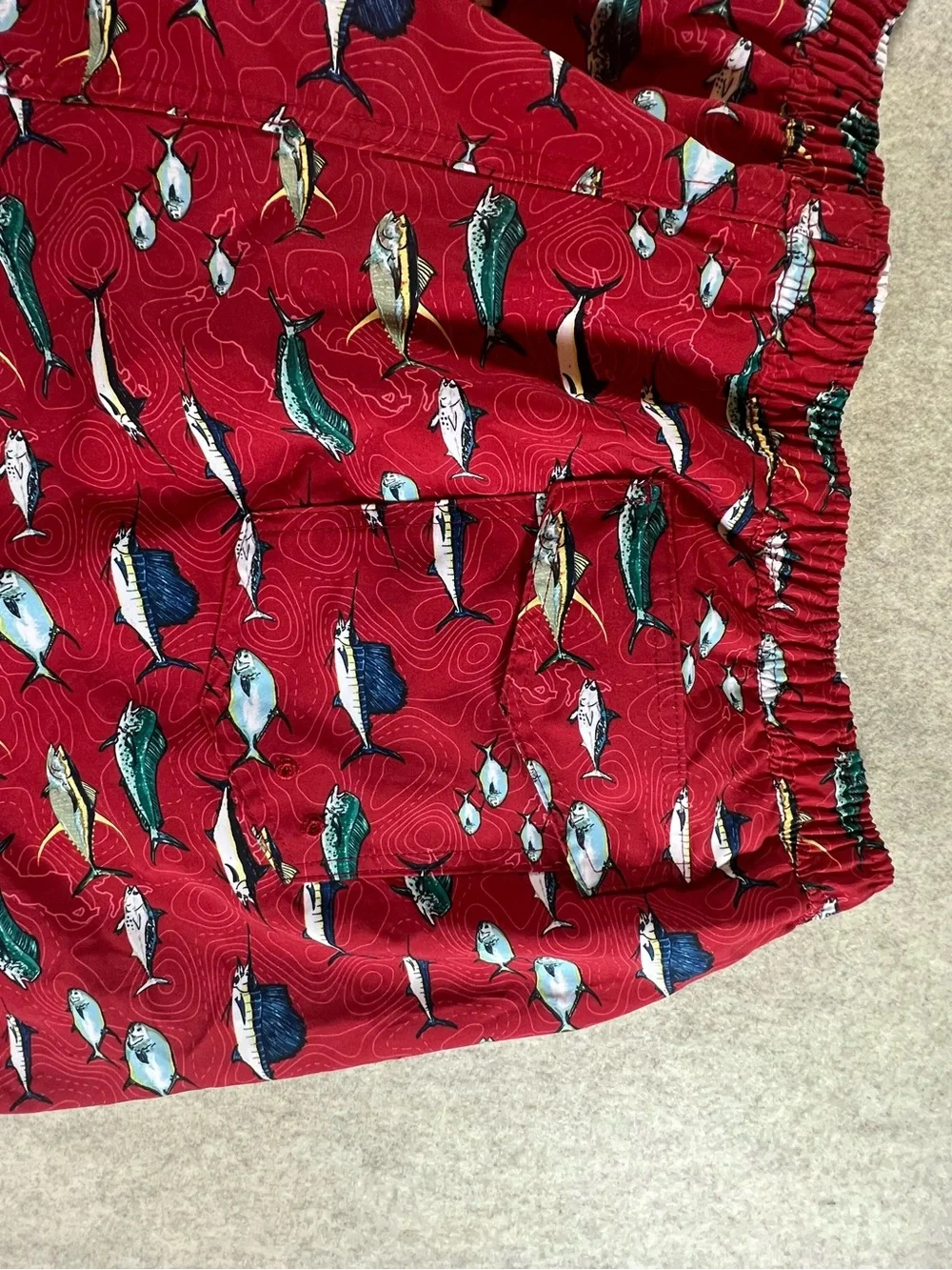 Ocean Coast Mens 2XLT Red Fish Print Swim Trunks Board Shorts